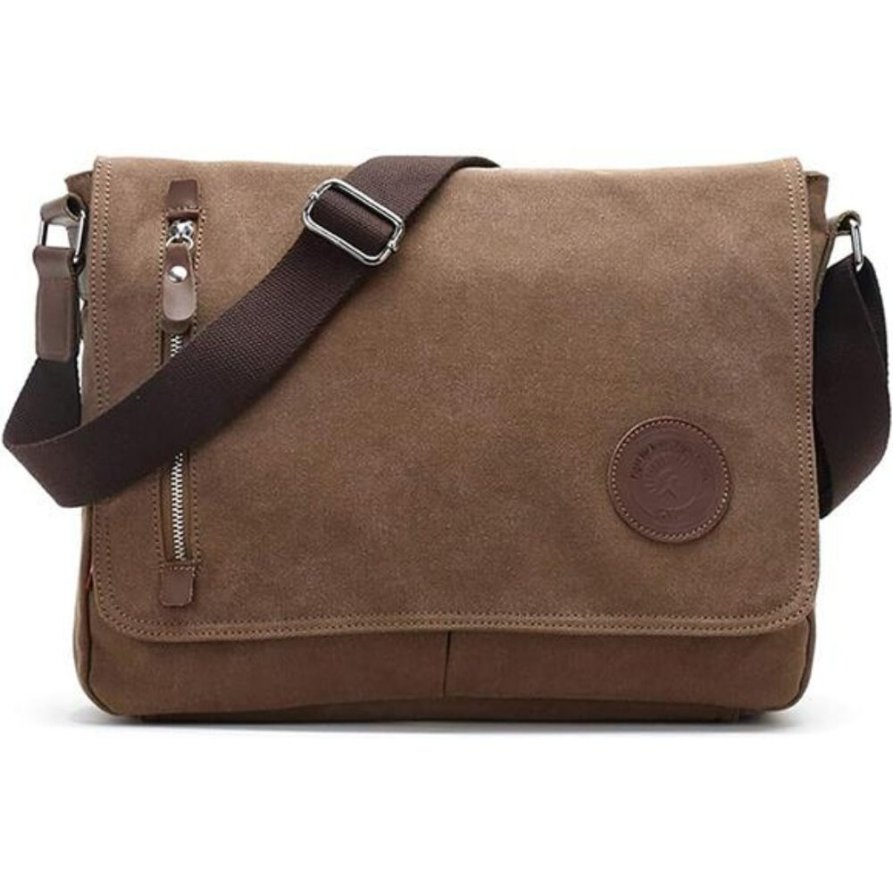 Men's Brown Canvas Messenger Bag with Adjustable Strap - Unbranded